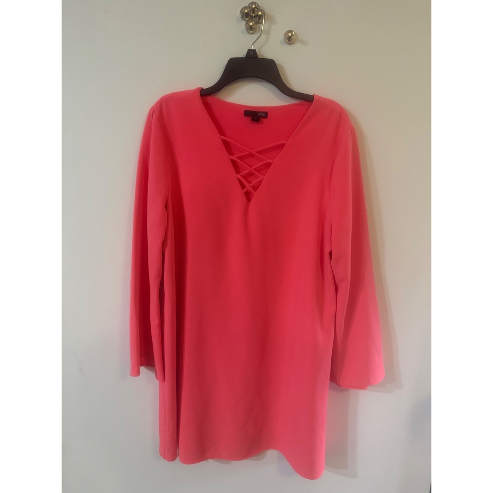 ICE Neon Pink Lattice V-Neck Long Sleeve Mini Shift Dress Womens Large
